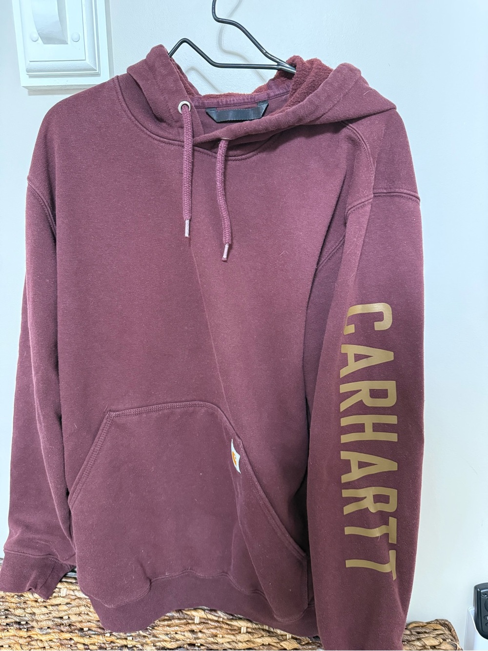 Carhartt Men's Maroon Crewneck Hoodie with Gold Sleeve Logo
